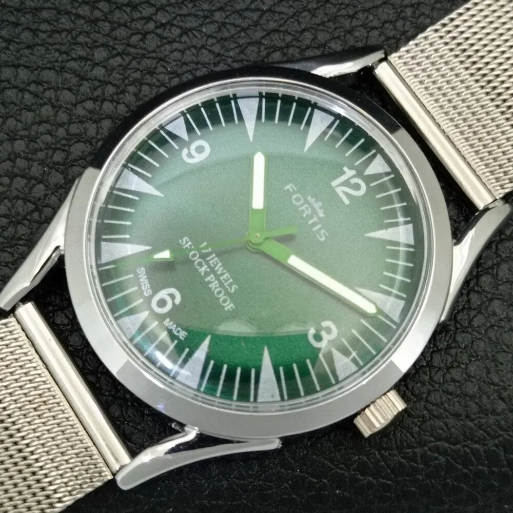 Vintage 1975 Fortis Manual Mens Silver Watch W/Steel Strap & Green accents